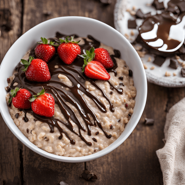 Close-up of oatmeal topped with fresh strawberries and glossy chocolate drizzle.