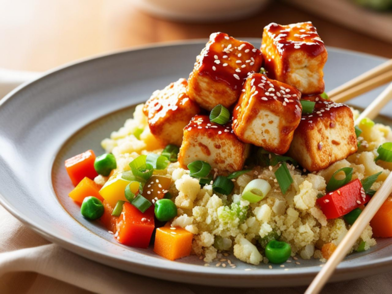A beautifully plated dish of cauliflower fried rice with caramelized teriyaki tofu, served on a modern dining table.
