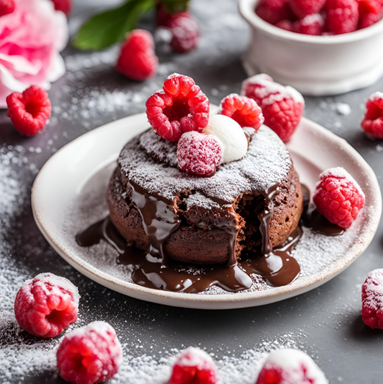 A chocolate lava cake dripping with warm chocolate sauce, garnished with raspberries and powdered sugar.