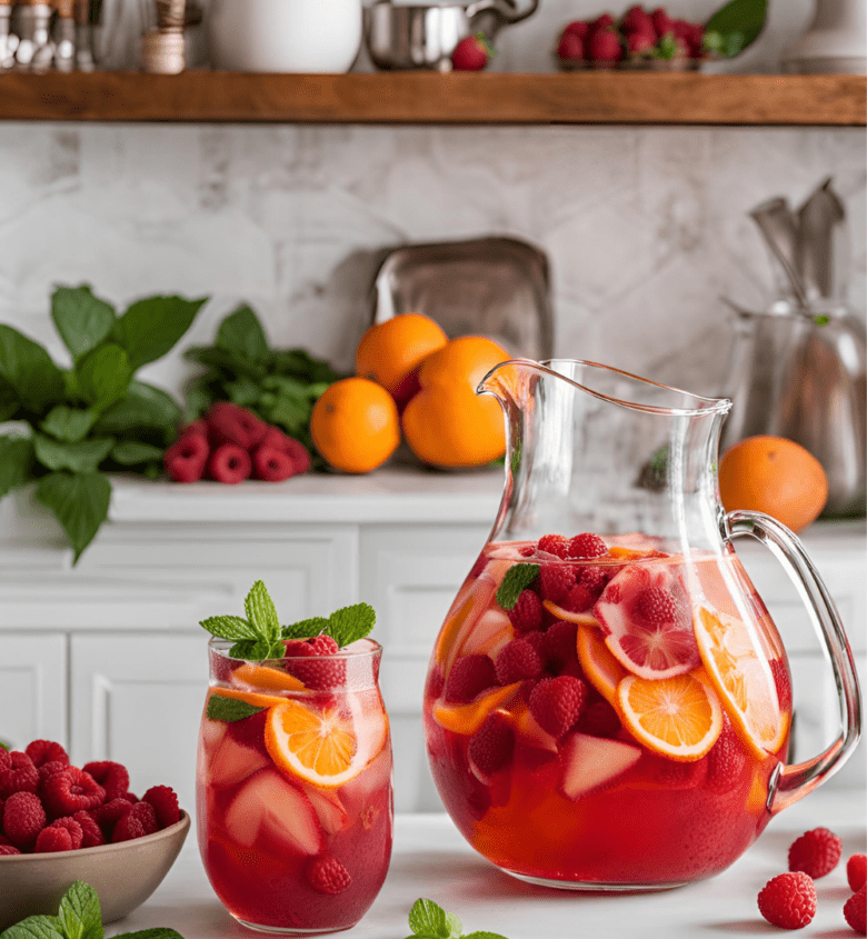 A clear glass pitcher filled with a raspberry and orange-infused drink, placed on a white countertop with fresh fruit nearby.