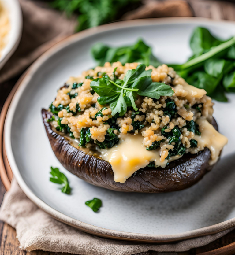A close-up of a stuffed Portobello mushroom filled with quinoa and spinach, with melted cheese oozing over the sides, garnished with parsley.