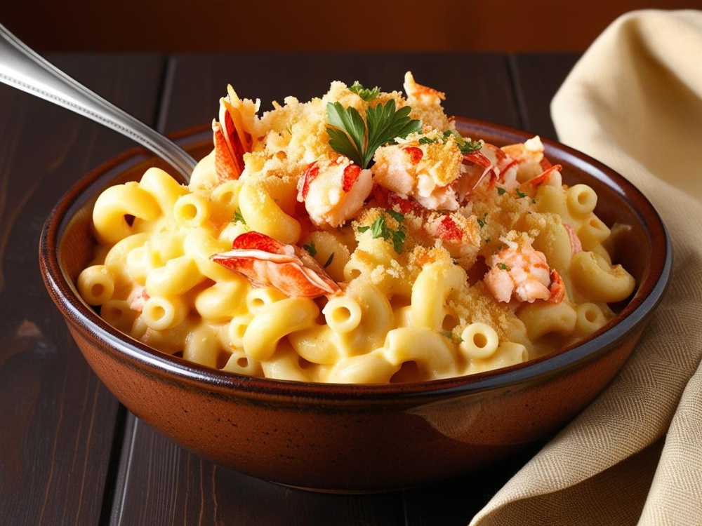 A bowl of golden, cheesy Lobster Mac and Cheese with fresh lobster pieces and crispy breadcrumbs on top.