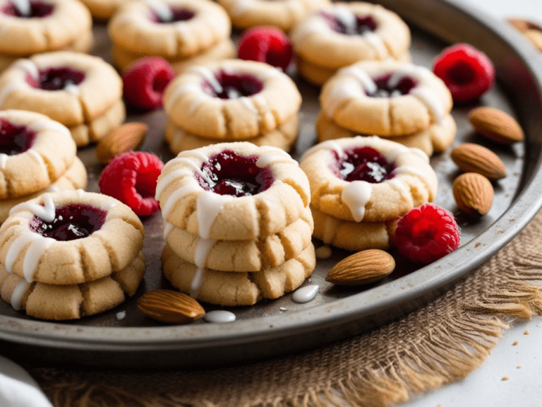 Raspberry almond thumbprint cookies arranged on a rustic baking tray, with fresh raspberries and almonds scattered around.