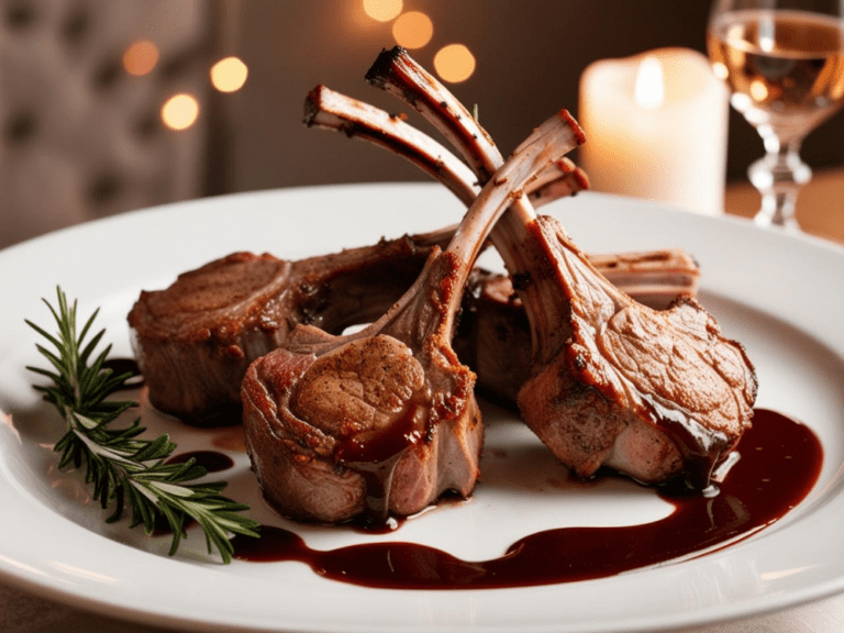 Gourmet lamb chops elegantly arranged on a white plate with rosemary sprigs and drizzled red wine sauce, set against candlelit ambiance.