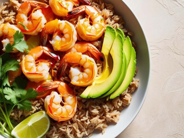 Overhead view of citrus shrimp, avocado, and cilantro served over brown rice.