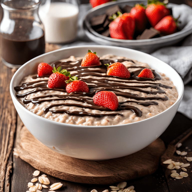 White bowl of oatmeal topped generously with strawberries and chocolate drizzle, placed beside extra chocolate sauce.