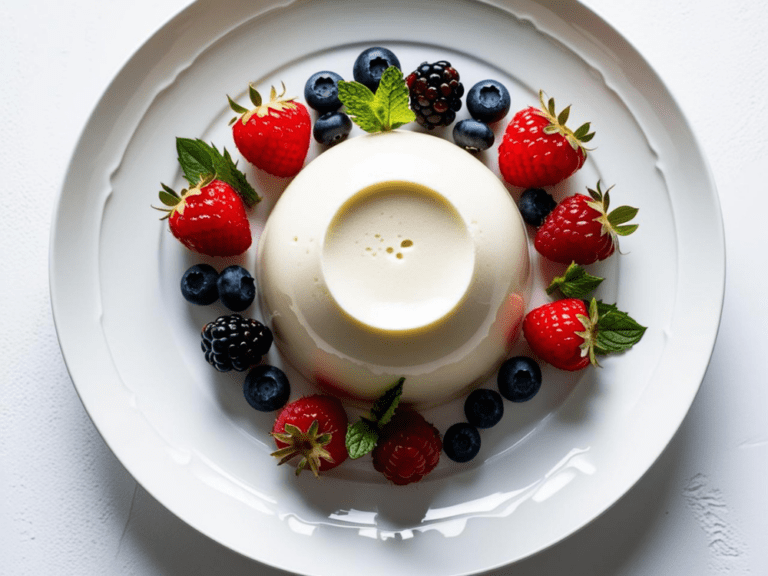 A top-down view of panna cotta garnished with strawberries, blueberries, raspberries, blackberries, and mint leaves.
