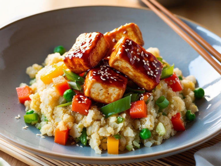A delicious serving of cauliflower fried rice with teriyaki tofu, garnished with sesame seeds and fresh green onions.