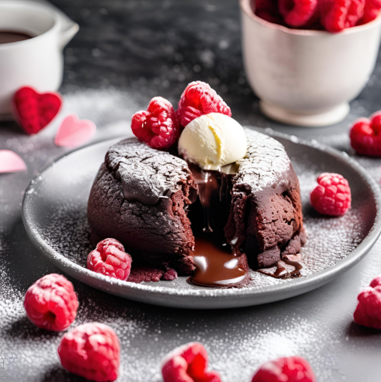 A chocolate lava cake with a cracked top revealing melted chocolate, surrounded by raspberries.