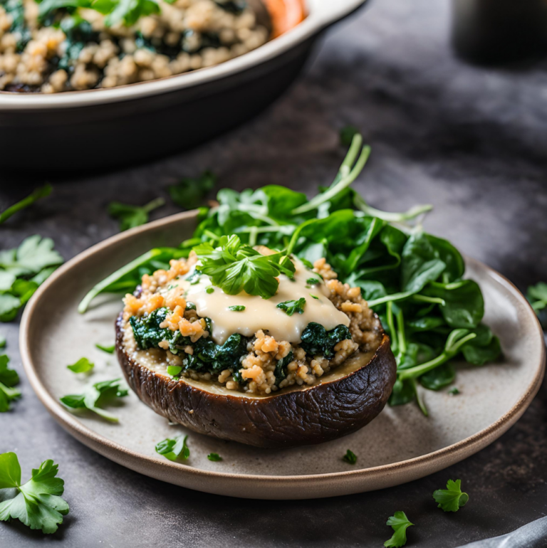 A perfectly baked stuffed Portobello mushroom with quinoa, spinach, and cheese, plated alongside fresh greens on a rustic dark background.
