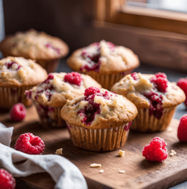 Raspberry white chocolate muffins cooling on a wooden surface near a kitchen window, with a soft cloth napkin underneath.