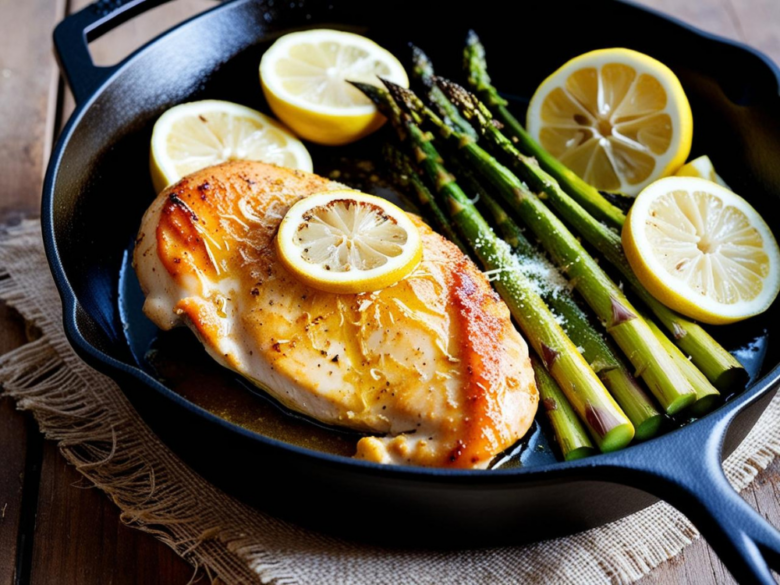Close-up of a perfectly seared chicken breast with lemon slices and roasted asparagus in a cast-iron skillet.