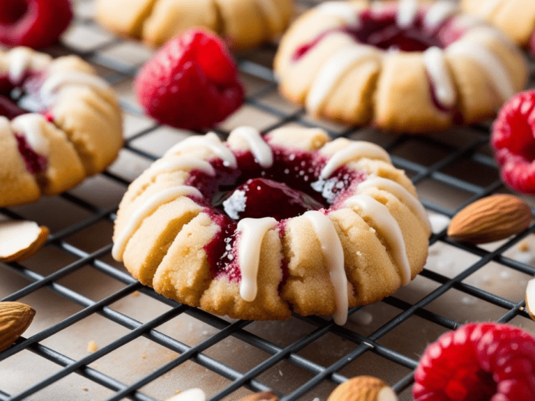 A close-up shot of a raspberry almond thumbprint cookie on a cooling rack, with drizzled almond glaze and fresh raspberries nearby.