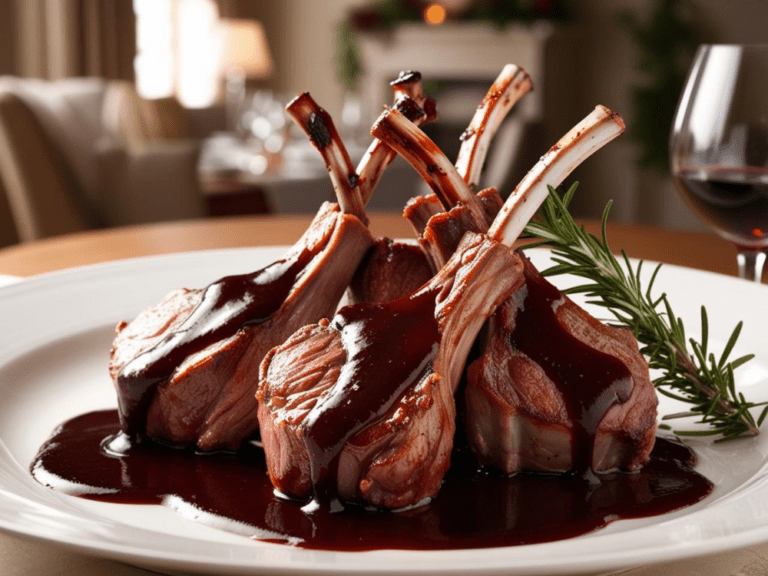 Succulent lamb chops elegantly plated with fresh rosemary garnish and drizzled generously with a glossy red wine sauce in a sophisticated dining setting.
