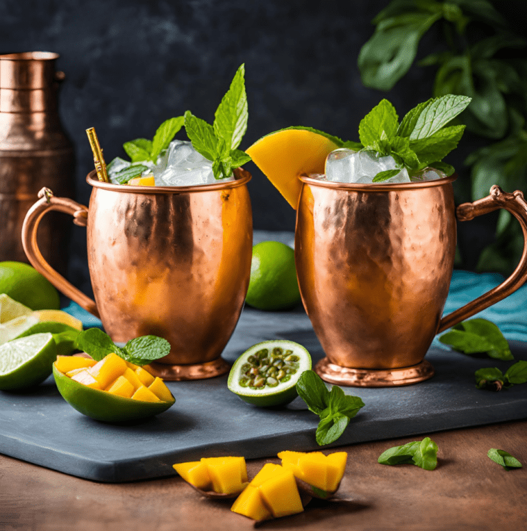 Elegant Mango Mule cocktails served in copper mugs with mango and lime