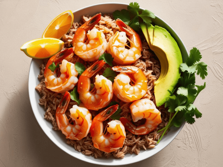 Colorful shrimp served over brown rice, garnished with avocado and citrus slices.