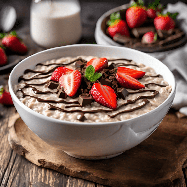 Large bowl of creamy oatmeal drizzled with chocolate and topped with fresh whole strawberries.