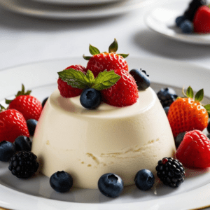 A panna cotta dessert presented on a classic white plate, garnished with fresh berries and mint leaves.