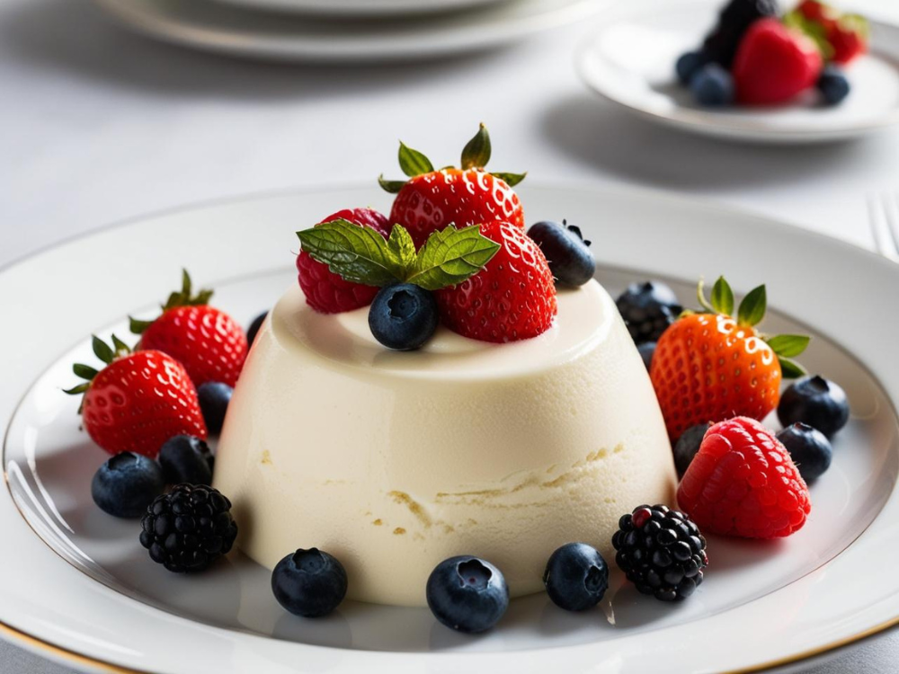 A panna cotta dessert presented on a classic white plate, garnished with fresh berries and mint leaves.