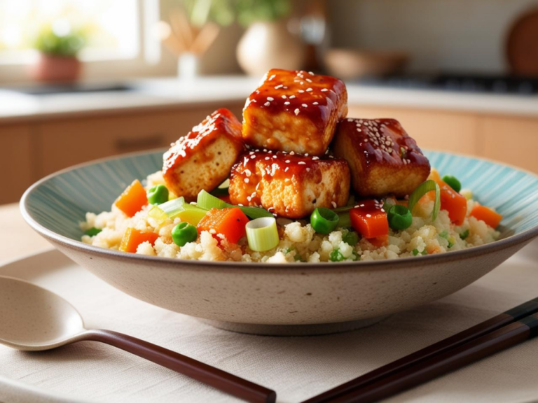 A top-down view of a beautifully plated cauliflower fried rice bowl with crispy teriyaki tofu and fresh vegetables.