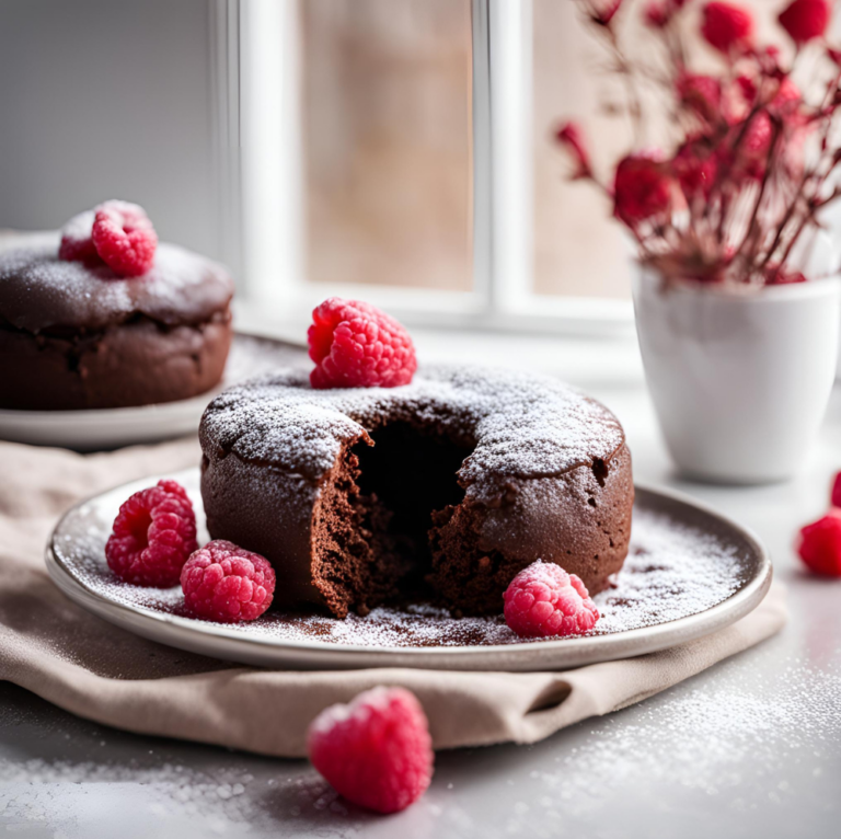 A molten chocolate lava cake served with fresh raspberries and a scoop of vanilla ice cream.