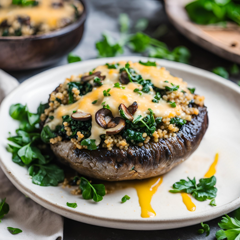 A stuffed Portobello mushroom with a golden layer of melted cheese, spinach, and quinoa, plated with fresh parsley on a white plate.