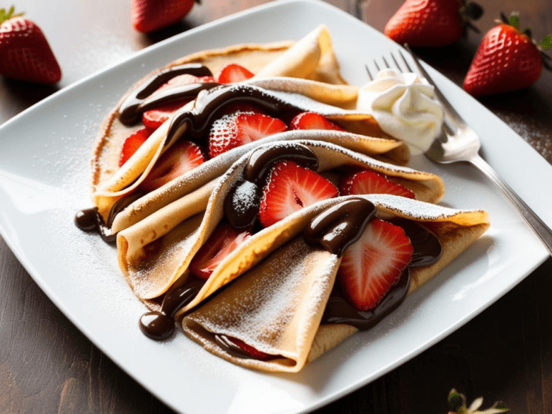 Four folded crepes arranged on a plate, filled with Nutella and strawberries, dusted with powdered sugar and topped with a drizzle of chocolate.