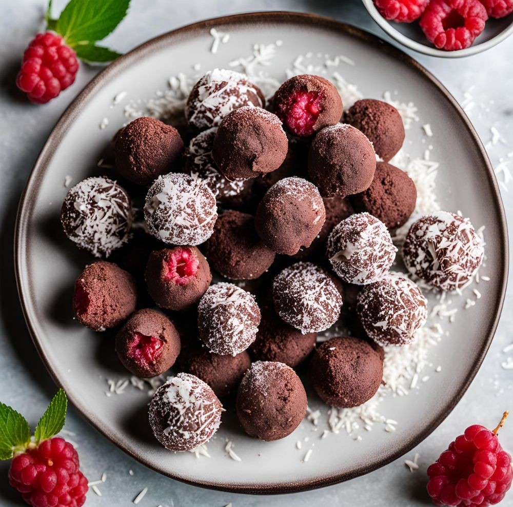A gray plate heaped with chocolate truffles, some coated in coconut flakes and others revealing fresh raspberries inside.