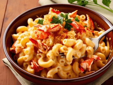 A close-up shot of Lobster Mac and Cheese, highlighting the rich cheese sauce, lobster chunks, and golden brown topping.