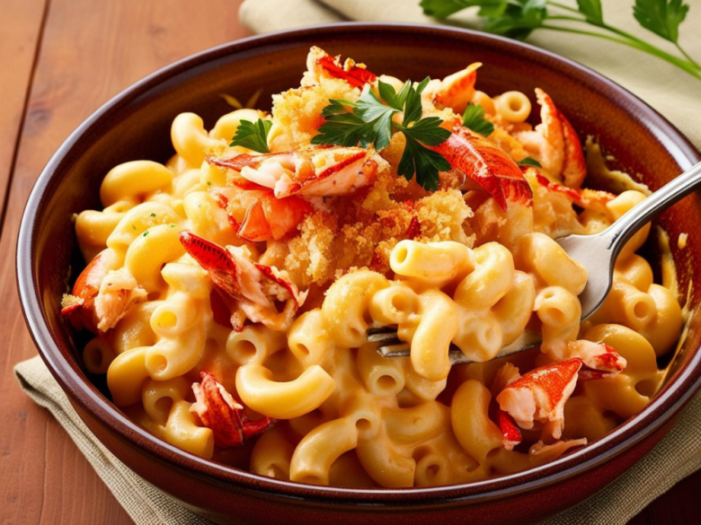 A close-up shot of Lobster Mac and Cheese, highlighting the rich cheese sauce, lobster chunks, and golden brown topping.