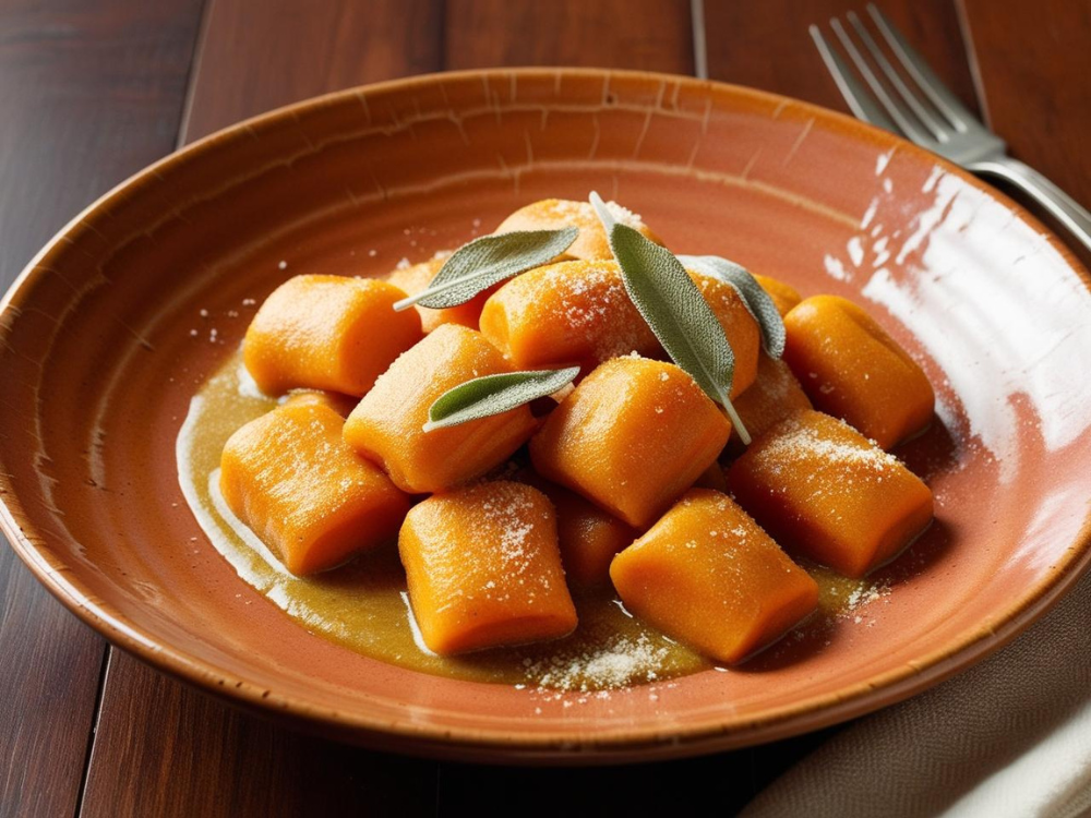 Sweet potato gnocchi plated beautifully on an earthy-toned dish, served with sage butter and Parmesan.