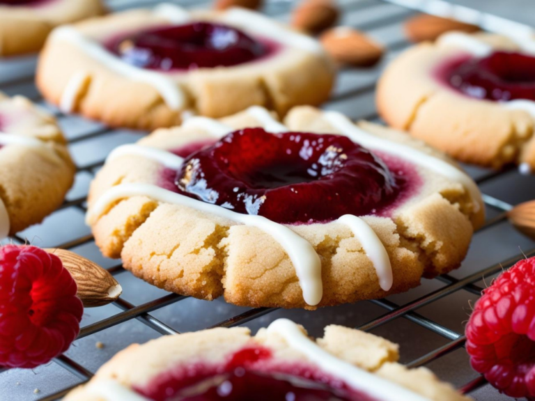 A close-up macro shot of a raspberry almond thumbprint cookie with drizzled glaze, highlighting the texture and glossy jam filling.