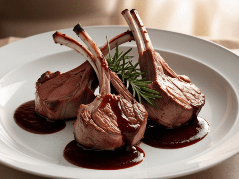 Juicy lamb chops plated artfully with fresh rosemary and a rich red wine sauce, perfect for an intimate dinner at home.