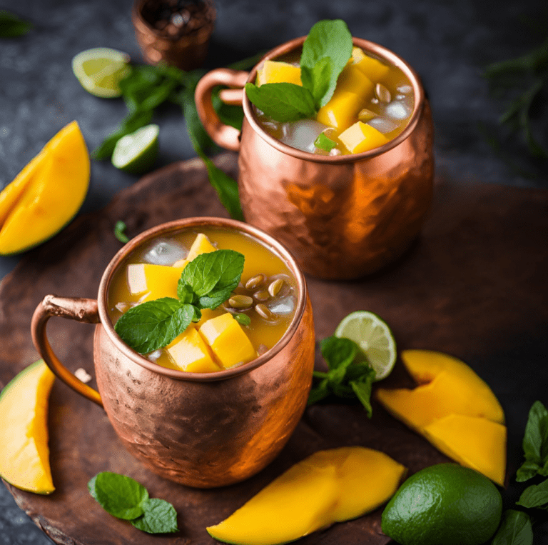 Two Passionate Mango Mules garnished with mango cubes and mint