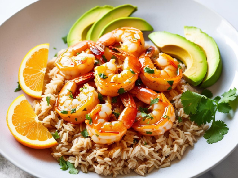 Elegant shrimp arrangement on a bed of brown rice with avocado and orange wedges.