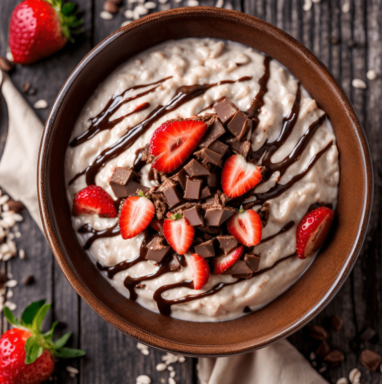 Oatmeal bowl topped with sliced strawberries, dark chocolate drizzle, and chocolate pieces, placed on wooden background.
