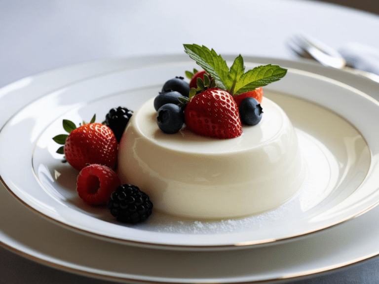A silky panna cotta dessert served on a white plate with fresh fruit and mint.