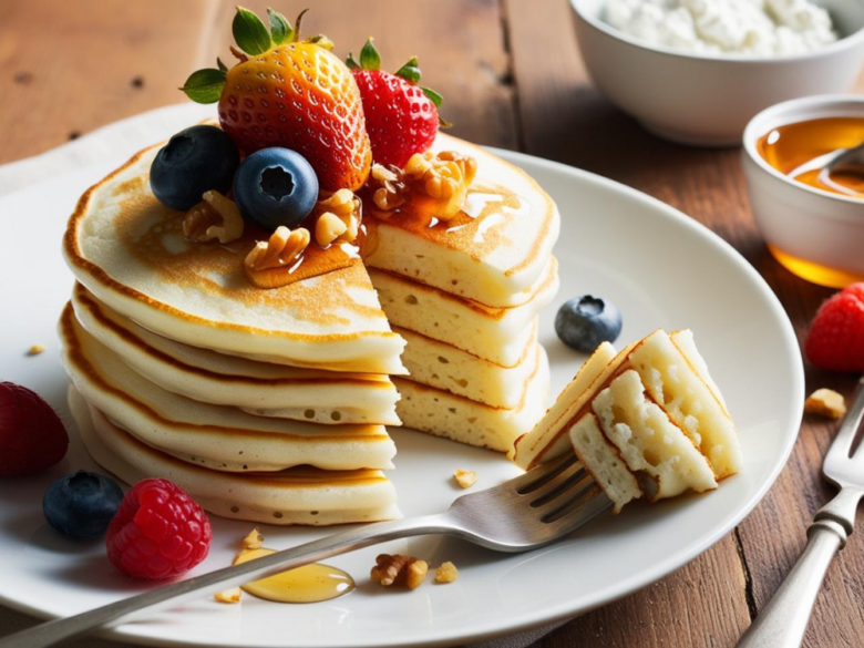 A close-up of a thick, fluffy stack of cottage cheese pancakes, drizzled with honey and surrounded by fresh fruit and nuts.