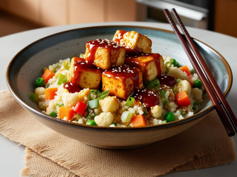 A close-up of teriyaki tofu drizzled with sauce over a colorful cauliflower fried rice bowl.