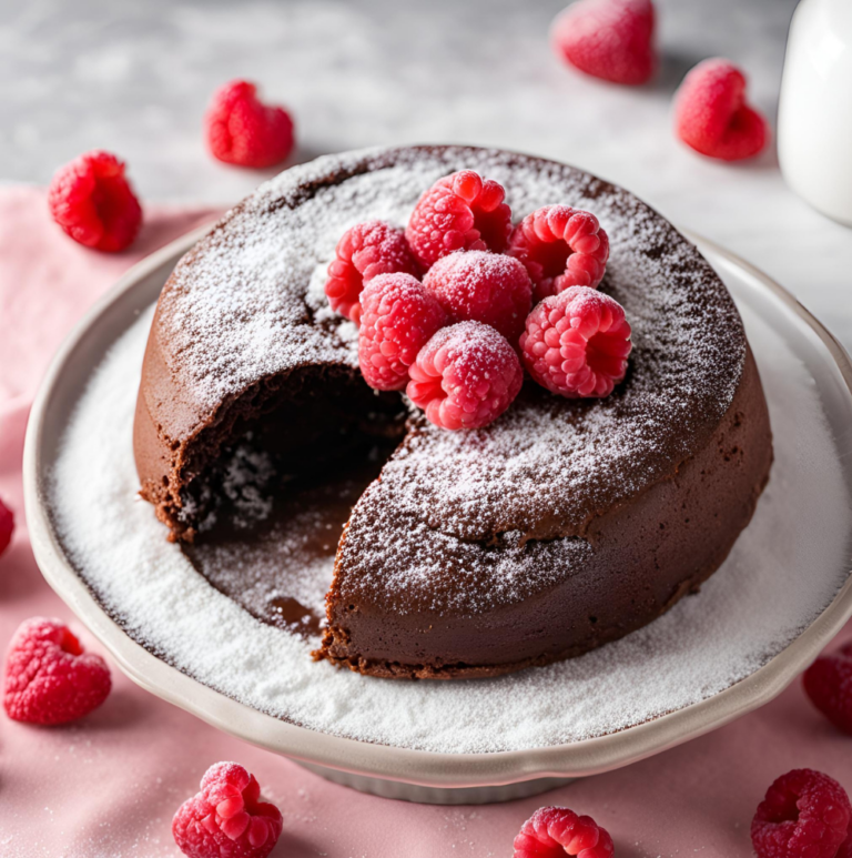A whole chocolate lava cake with a slight cut, dusted with powdered sugar and garnished with raspberries.
