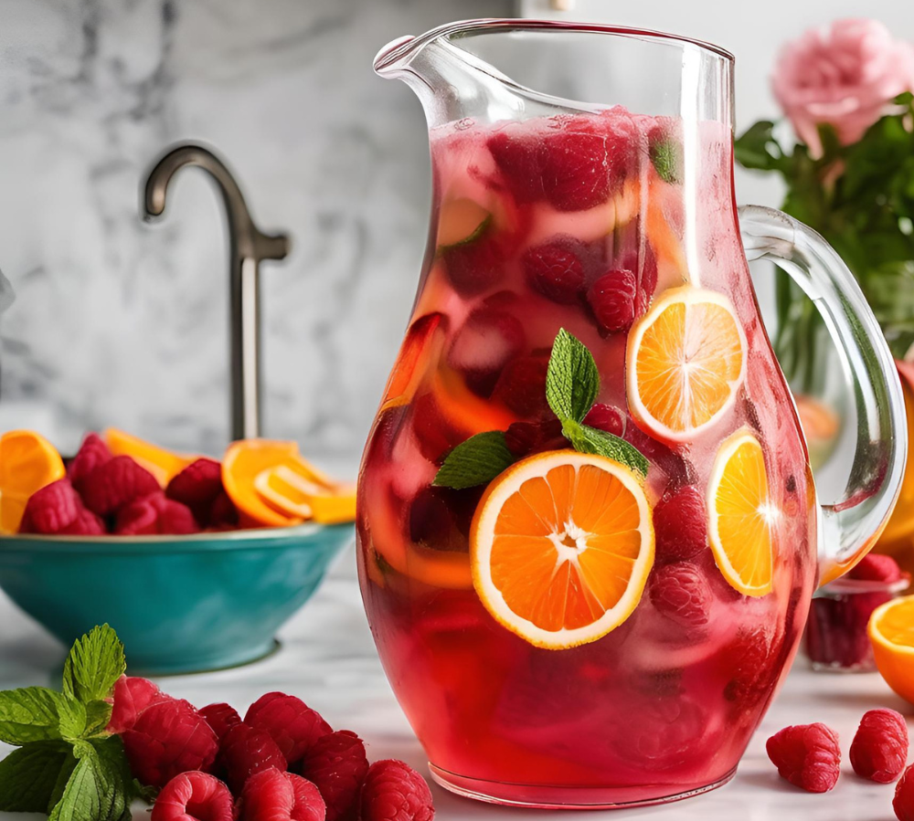 A tall glass pitcher with a pinkish-red fruit drink filled with floating raspberries and citrus slices.