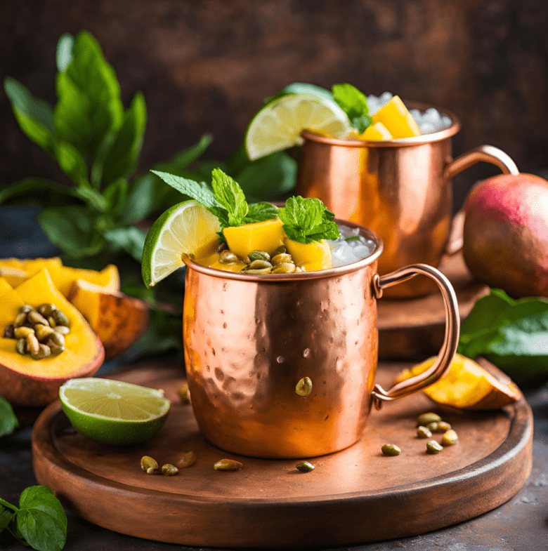 Mango Mule cocktails garnished with lime wedges and fresh mint