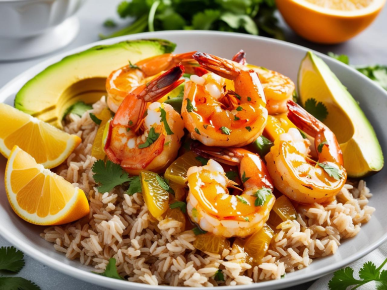 Vibrantly plated citrus shrimp dish with avocado slices served over brown rice.