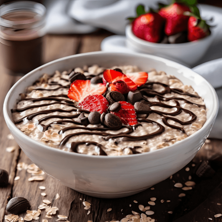 Overhead view of oatmeal bowl topped with chocolate chunks, fresh strawberries, and a generous chocolate drizzle.
