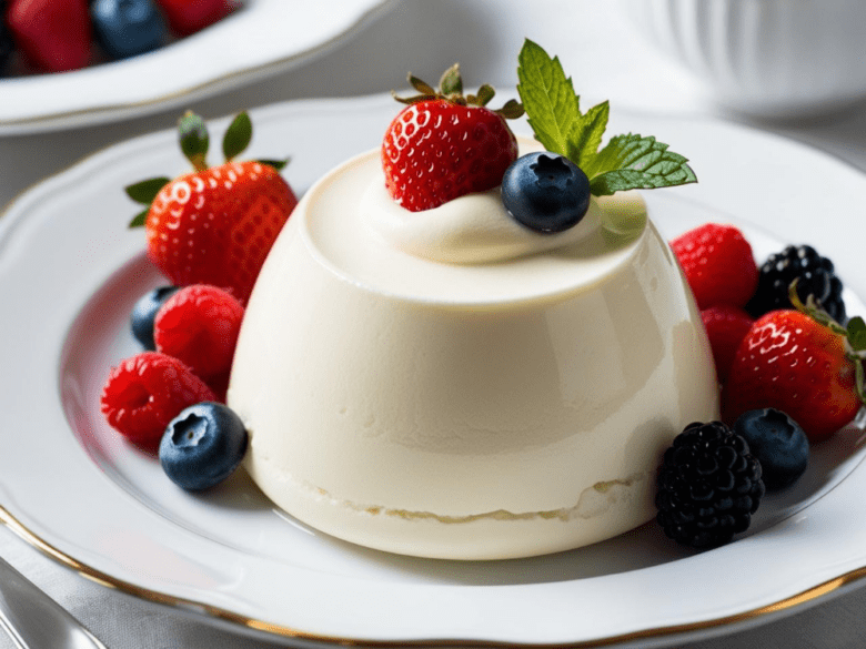 A classic panna cotta served on a white plate with strawberries, blueberries, blackberries, and raspberries.