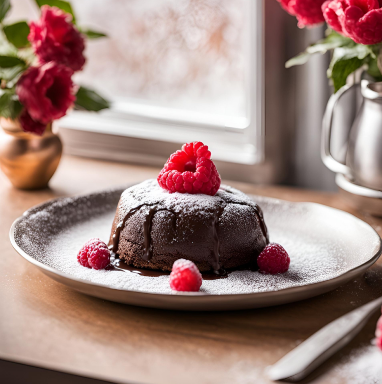 A chocolate lava cake with a missing bite, revealing its rich molten chocolate center.