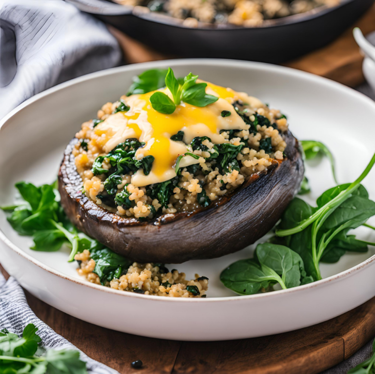 A stuffed Portobello mushroom with quinoa, spinach, and melted cheese, garnished with fresh basil, served on a white plate.