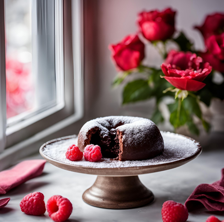 A chocolate lava cake on a pedestal, decorated with raspberries and surrounded by rose petals.