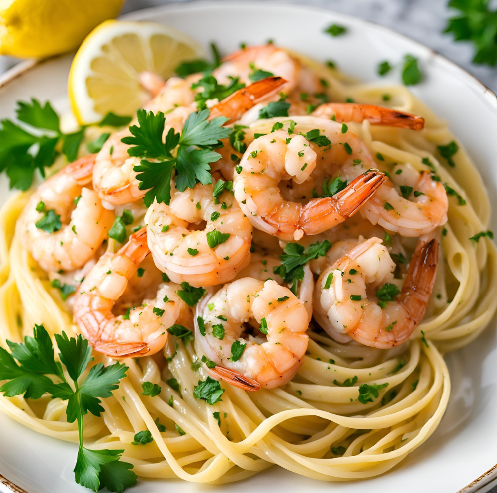 A gourmet shrimp scampi dish with an elegant presentation, featuring bright lemon wedges and fresh parsley.