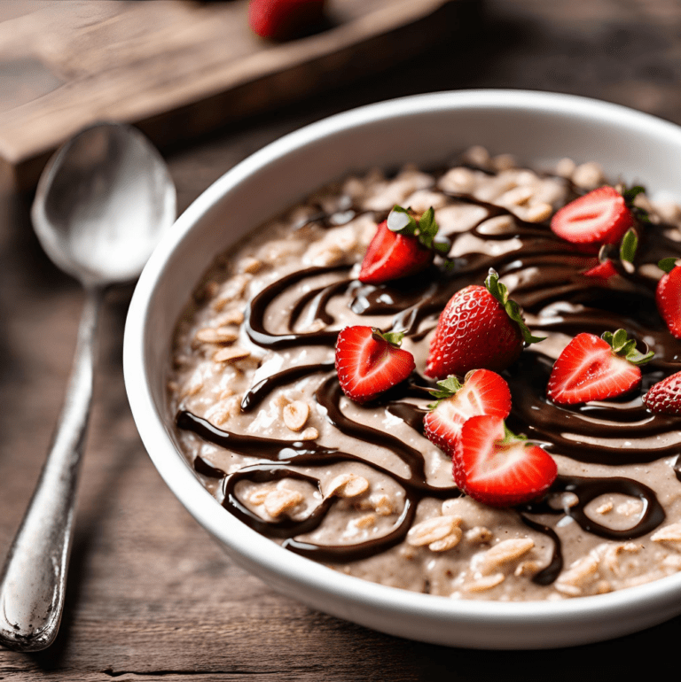 Close-up of oatmeal with chocolate chips, sliced strawberries, and chocolate drizzle on a wooden table.